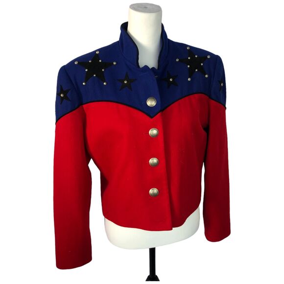 Vintage 80s Patty Lewis Jacket‎ Womens Red and Navy Western Wool Stars SZ M/L - Picture 1 of 13